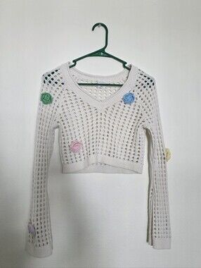 wild fable Cream Open-Knit Cropped Sweater with Pastel Flower Accents